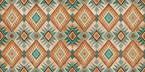 A vibrant geometric pattern featuring diamonds in earthy tones and teal accents.