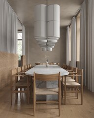 Close up of table in room with city view. 3D Rendering