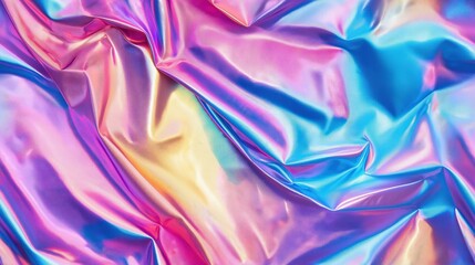 Glossy, rainbow-toned holographic material with folds and shimmering light reflections — perfect for fashion, futuristic, and digital art themes.

