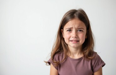 Sad child girl against white background. Child face with expression of despair and tears. Female kid feeling upset and unhappy. Portrait of young girl with emotion of pain.