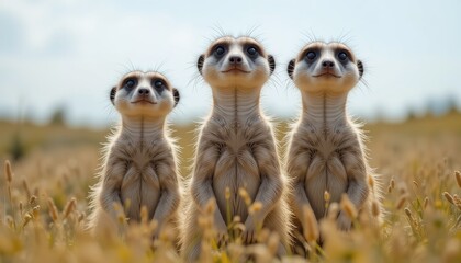 Fototapeta premium Three meerkats looking at the camera in a sunny field.
