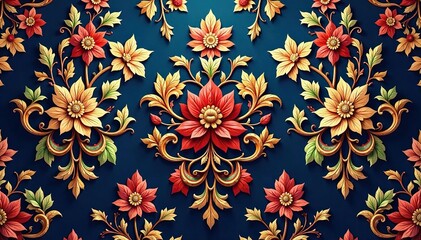 Elegant floral damask pattern, intricate design , fabric, repeat, white