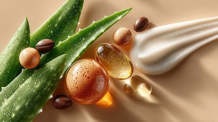 A high-end cosmetic ingredients flat lay on a soft, beige background with natural shadows and light. Aloe vera leaf freshly cut, juicy and dewy, placed elegantly with visible gel.