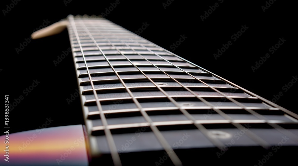 Leinwandbilder A swirl of golden and violet hues creates a dynamic backdrop for floating guitar strings and abstract sound waves with space for additional text on the right