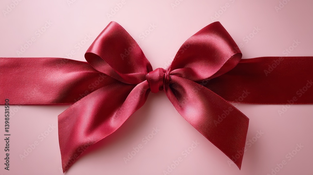 Poster Close-up view of a satin red ribbon styled into a symmetrical bow on a smooth pastel pink backdrop, allowing for creative use of negative space in design projects