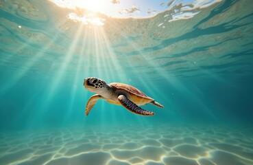 Small baby sea turtle swims in ocean, sunbeams through water. Underwater wildlife, marine life, earth day, and conservation concepts. Adorable tiny sea turtle, animal swims in ocean, sea and beach.