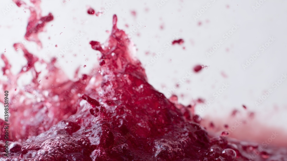 Poster A dynamic swirl of red wine erupts from a glass, creating a stunning display of droplets against a bright white backdrop, showcasing frozen motion in detail