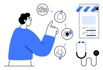 Man pointing at symptoms icons including head pain, nose, hand, eye, and online app with stethoscope below. Ideal for telemedicine, health advice, diagnosis tools, symptom tracking digital care