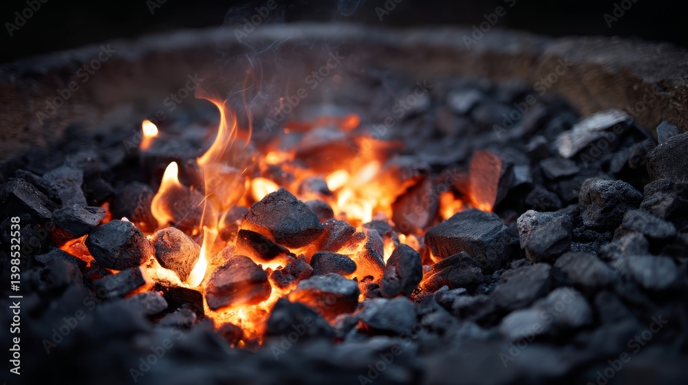 Poster charcoal embers glow intensely in a rustic grill, with swirling smoke creating an ethereal atmospher