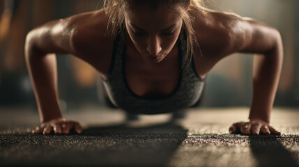 young woman doing HIIT workout on yoga mat, young woman is doing HIIT workout on yoga mat with determination