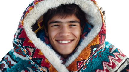 a young man wearing a colorful coat with a hood wrapped in a blanket smiles for a portrait against a on a transparent background, PNG image, PNG file, Generative art.
