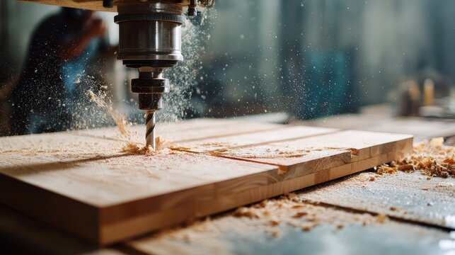 Close-up macro shot captures a CNC router bit expertly carving a light wooden board, with fine sawdust highlighting the craftsmanship in action