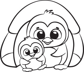 Penguin Parent with Chick  Line Art Arctic Bird Family Illustration