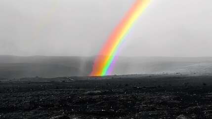 Colorful double rainbow arcs over a mist covered valley with the vibrant hues in selective color contrasting the black and white mountain backdrop