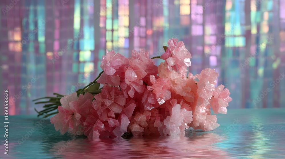 Poster close-up view of a stunning pink crystal rose arrangement on a mirrored surface, surrounded by soft 