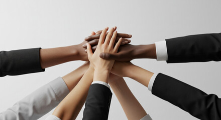 Obraz premium United hands signifying collaboration, diversity, and shared success against a clean, simple white backdrop.