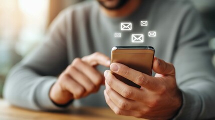 Man using smartphone, with email notifications, staying connected in modern lifestyle.