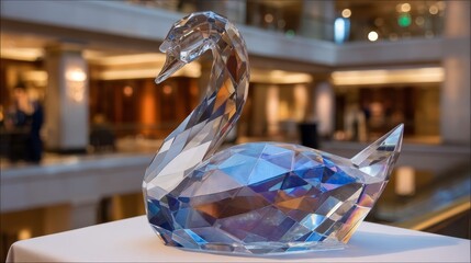 Close-up of a crystal swan sculpture showcasing vibrant light reflections from gallery spotlights. The artwork adds elegance to the sophisticated venue atmosphere