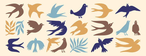 spring birds modern art simple silhouette set. boho flying birds clipart cartoon art. 