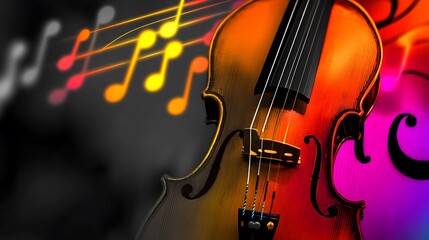 Fototapeta premium A black-and-white close-up of a violin, with colorized notes glowing softly in the background.