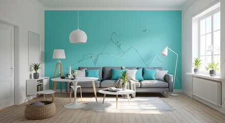 Modern Scandinavian living room interior with blue and white themed sofa and furniture in a comfortable home setting