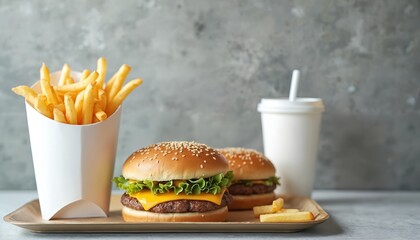 Fast food combo meal, burger, french fries drink on tray. Classic American cheeseburger with sesame bun, lettuce cheese. Quick lunch, dinner snack at eatery. Delicious, tasty fast food meal.
