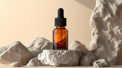 A bottle of face serum with amber liquid, lying on top of rocks. 10