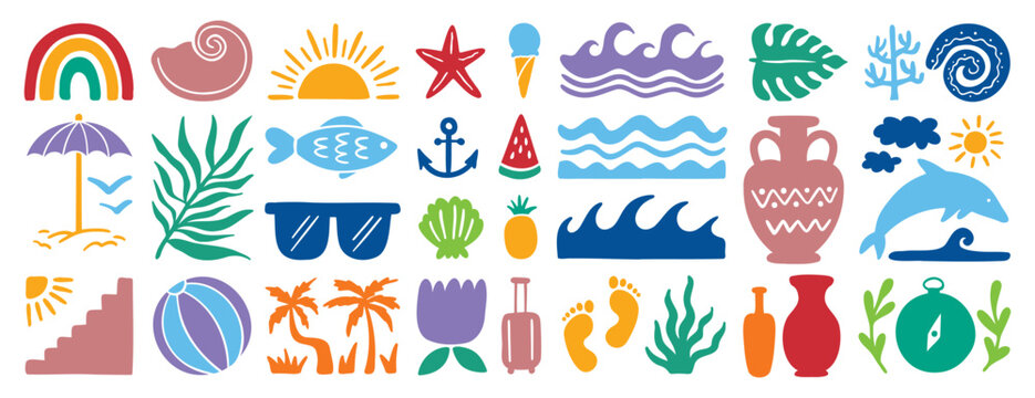 retro groovy boho geometric summer surf beach or palm tree set. beach elements hand drawn cartoon doodle signs