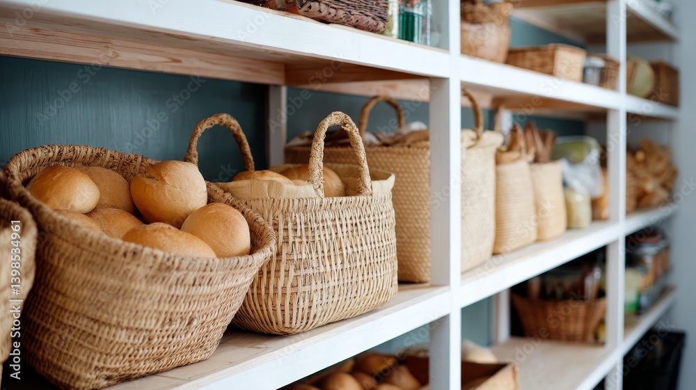 Leinwandbilder close-up view of stacked rustic woven baskets overflowing with fresh bread rolls, illuminated by sof