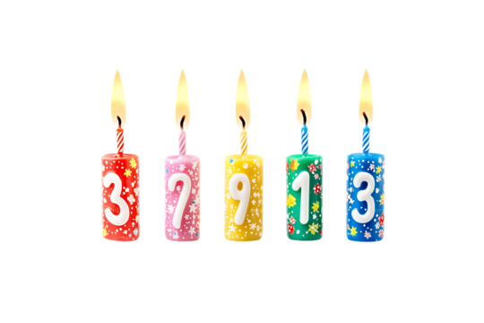 Colorful birthday candles with different numbers and lit flames arranged in a row on a white background.