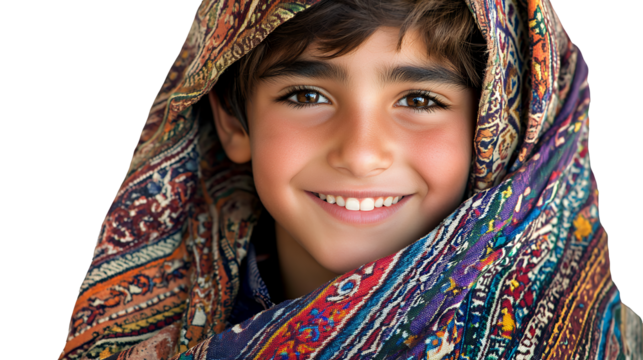 portrait of a young girl wearing a colorful scarf or shawl on photo on a transparent background, PNG image, PNG file, Generative art.