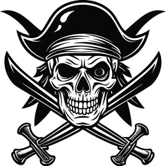 Black And White Skull Silhouette Crossed Swords Cutlass Design