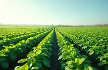Green soybean field Vojvodina Serbia. Agricultural landscape of soy bean plants in rows. Summer sunshine over cultivated crops. Farm land agricultural production in Europe.