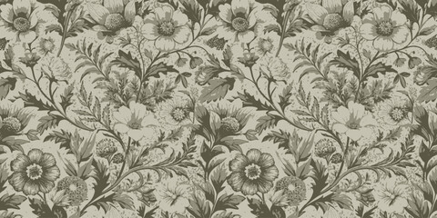 Elegant floral patterned background in muted green and cream tones.