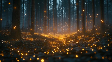 Mystical forest illuminated by glowing fireflies.