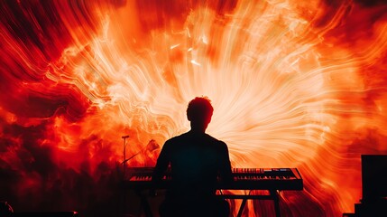 A dramatic explosion of sound visualized as vivid waves and notes, with a shadowy musician in the foreground.