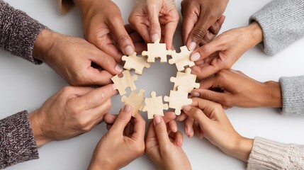 Diverse hands assemble puzzle pieces