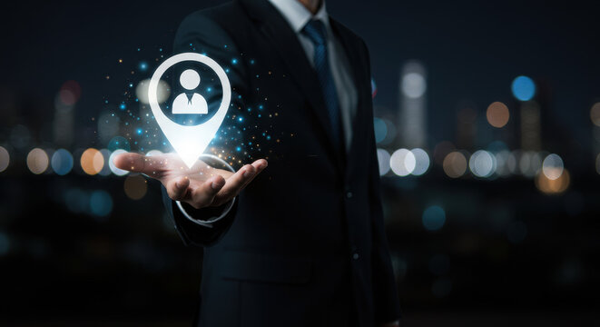 Customer Focus: Businessman Holding Location Pin with User Icon in Cityscape. Personalized Services & Client-Centric Approach.