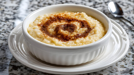 Creamy Greek Rice Pudding with a Cinnamon Swirl in a White Dish on a Marble Tabletop