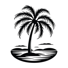 Fototapeta premium Black Palm Tree Silhouette on Island with Wave, Isolated on White Background