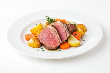 Beautifully plated steak served medium rare with roasted potatoes and carrots. Great for culinary websites or premium food ads.
