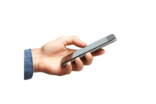 A person holding a smartphone with a blank screen and camera interface on the display
