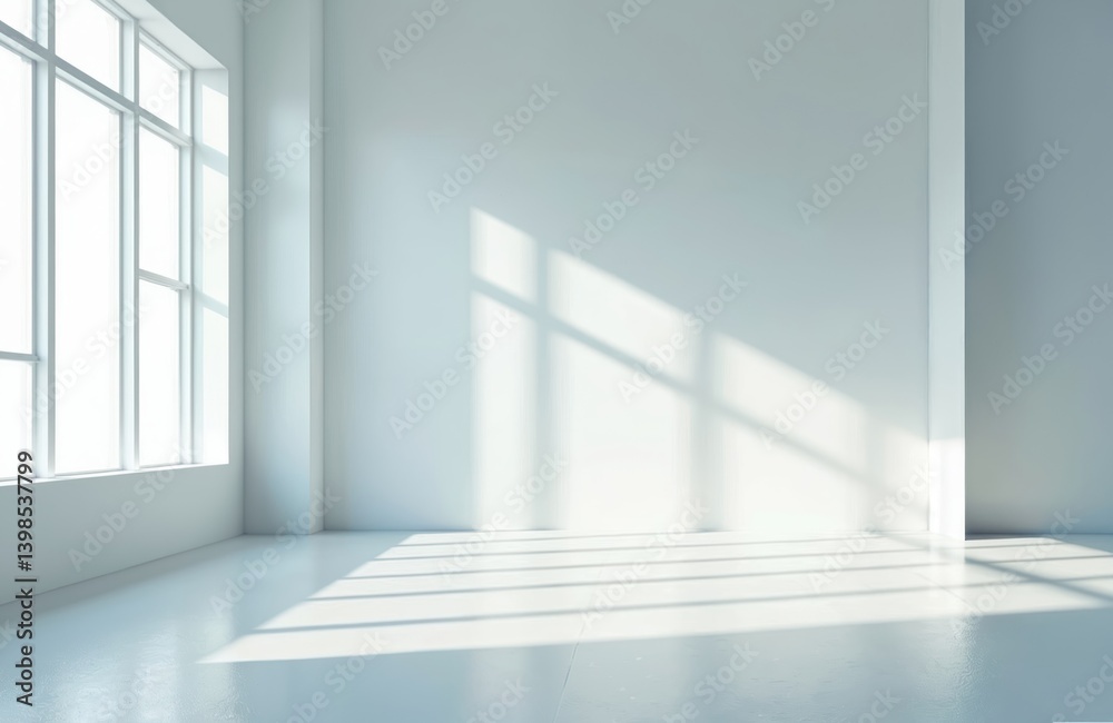 Fototapete empty interior space with large windows, white walls, polished floor. shadows on floor from window f
