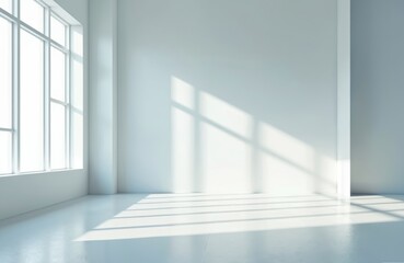 Fototapeta premium Empty interior space with large windows, white walls, polished floor. Shadows on floor from window frame create minimalist architectural design with natural light, shadows. Ideal for background