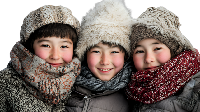 young boys with hats and scarves posing for a picture on a transparent background, PNG image, PNG file, Generative art.