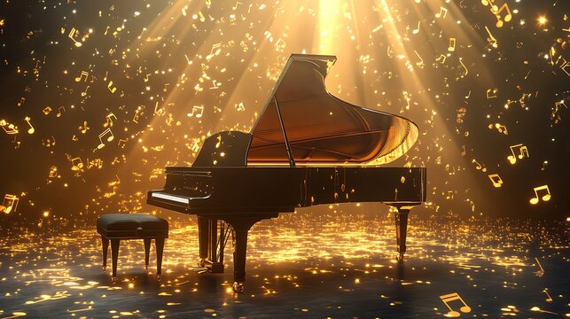 A grand piano surrounded by swirling golden notes, on a stage under a spotlight, hyperrealistic.