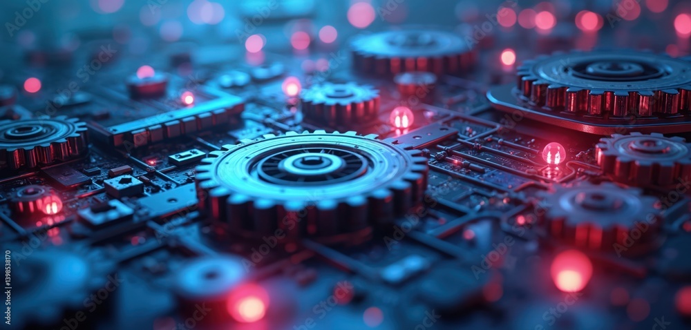 Poster futuristic illustration showcases complex tech concept. gears, circuits illuminated with blue and pi