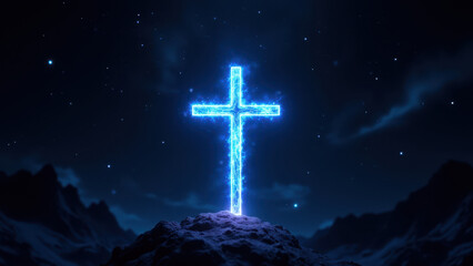 Naklejka premium A striking digital illustration featuring a glowing cross against a dark space background with stars and floating rocks.