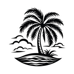 Black Palm Tree Silhouette On Island with Sea Waves Isolated on White Background