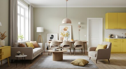 Modern living room interior with stylish furniture and cozy decor